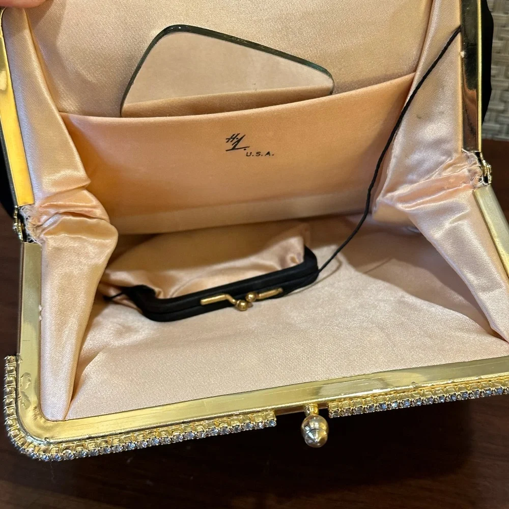 🌟HP🌟VTG 1950s-60s H&L (Harry Levine) Black Satin & Rhinestone Evening Bag Set - Picture 9 of 16
